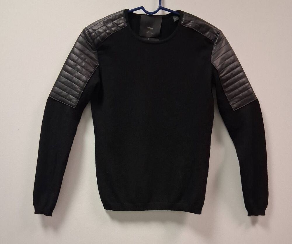 Veda new York womens small 100% cashmere sweater black patchwork leather sleeve